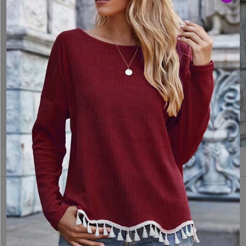 Wine Ribbed Long Sleeve Tassel-Hem Top by Supreme Fashion